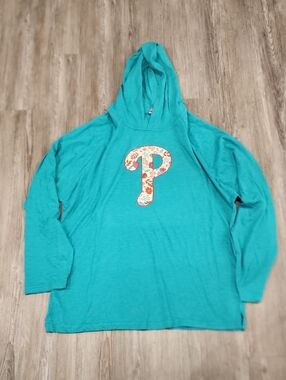 Handcrafted Teal Philadelphia Phillies Hoodie Tee | Floral Logo | Unisex Large